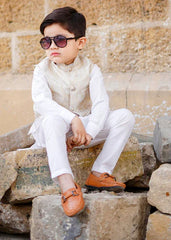 jamawar Waistcoat in White by Hassan Jee - HZU7365