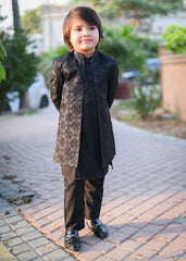 jamawar Sherwani in Black by Hassan Jee - SKC6073