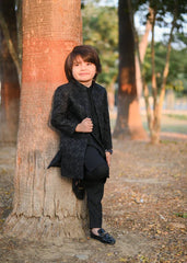 jamawar Sherwani in Black by Hassan Jee - SKC6073