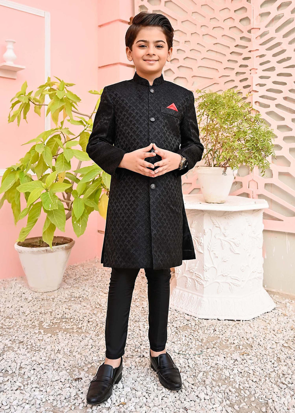 jamawar Sherwani in Black by Hassan Jee - YSM9763 | Laam.pk
