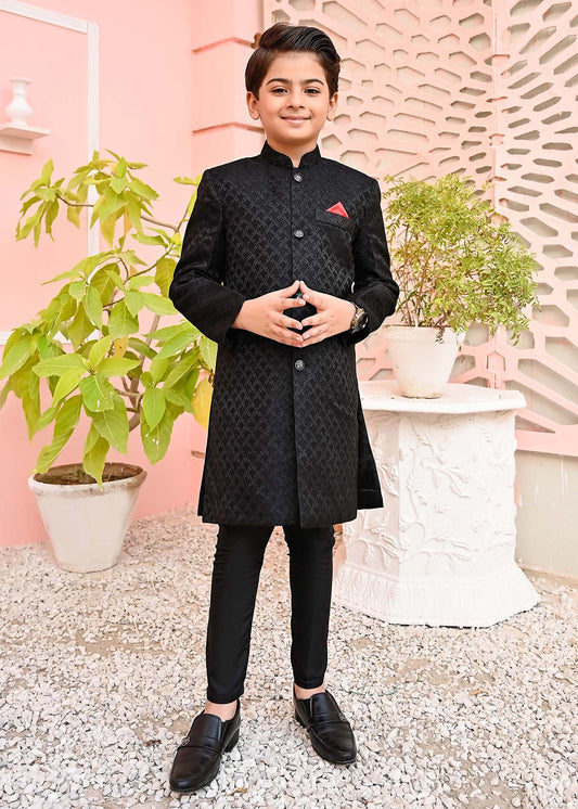 jamawar Sherwani in Black by Hassan Jee - YSM9763 | Laam.pk